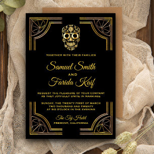 Elegant Black Gold Sugar Skull Wedding Invitation