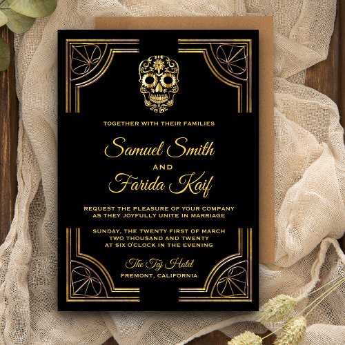 Elegant Black Gold Sugar Skull Wedding Invitation