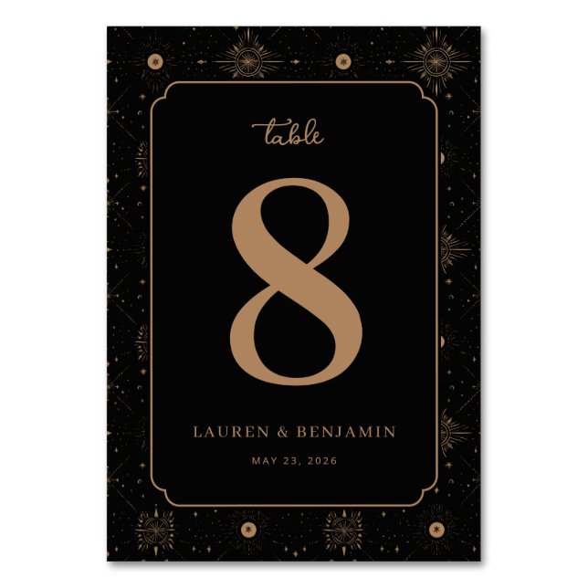 Elegant Black Gold Sunburst Table Number (Front)