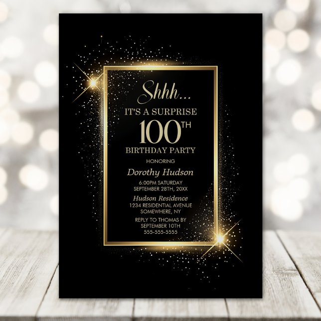 Elegant Black Gold Surprise 100th Birthday Party Invitation (Creator Uploaded)
