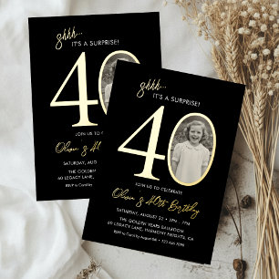 Elegant Black Gold Surprise 40th Birthday Photo Foil Invitation