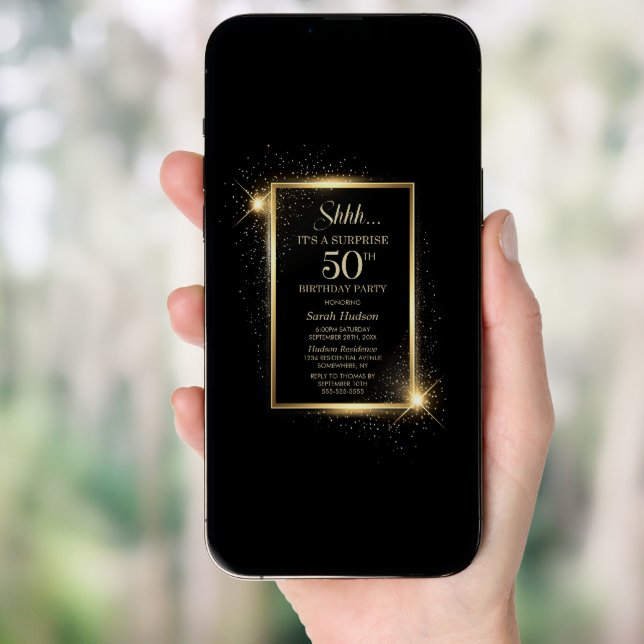 Elegant Black Gold Surprise 50th Birthday Party Invitation (Front Digital)