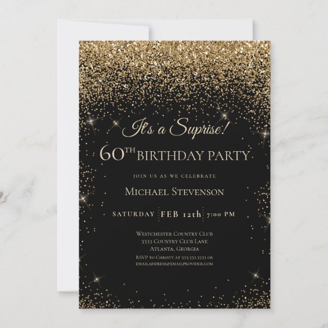 Elegant Black Gold Surprise 60th Birthday Party Invitation (Front)