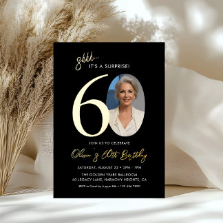 Elegant Black Gold Surprise 60th Birthday Photo Foil Invitation