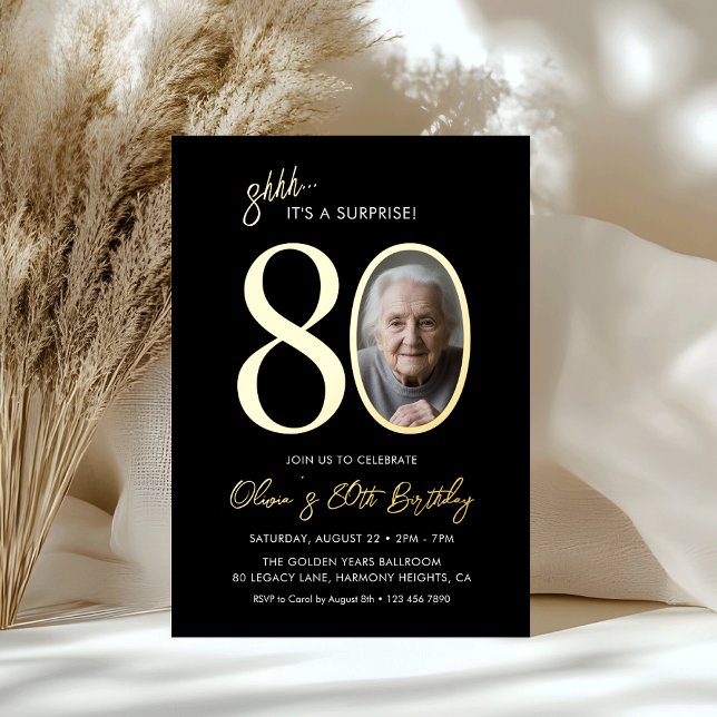 Elegant Black Gold Surprise 80th Birthday Photo Foil Invitation (Creator Uploaded)
