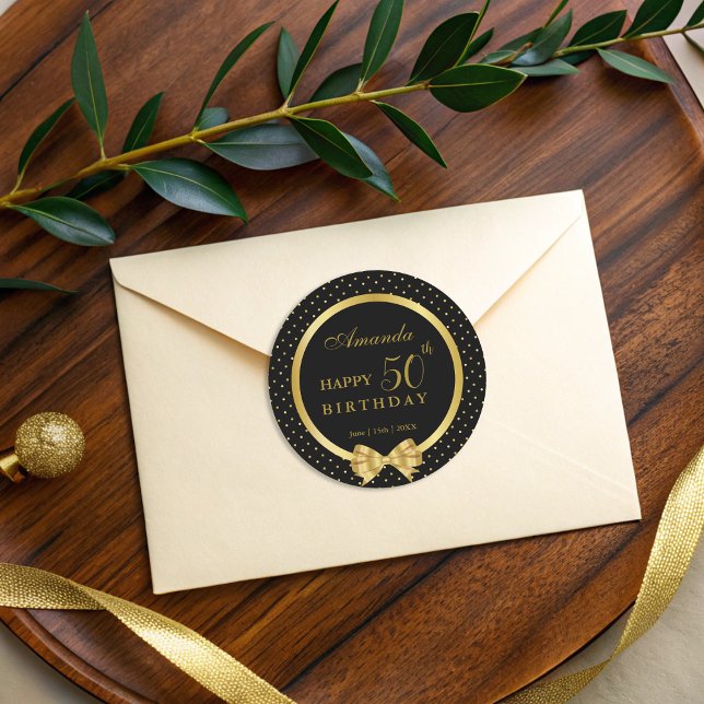 Elegant Black & Gold Surprise Birthday Party Classic Round Sticker (Creator Uploaded)