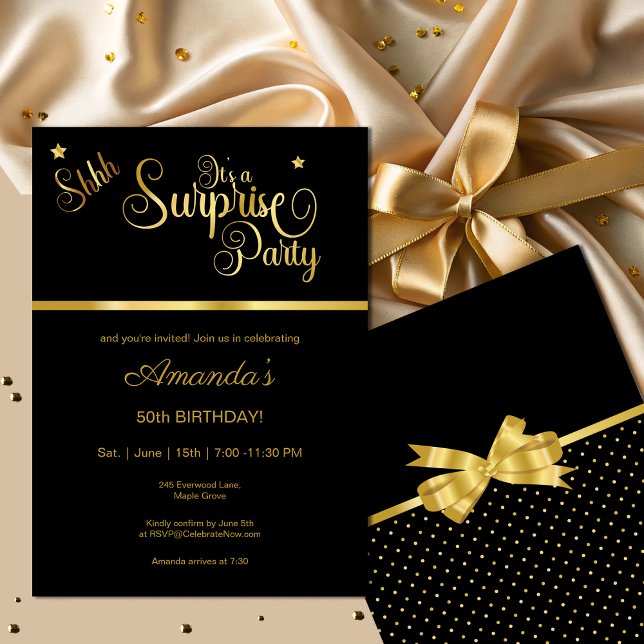 Elegant Black & Gold Surprise Birthday Party Invitation (Creator Uploaded)