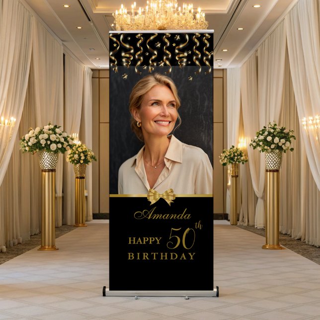 Elegant Black & Gold Surprise Birthday Party Photo Retractable Banner (Creator Uploaded)