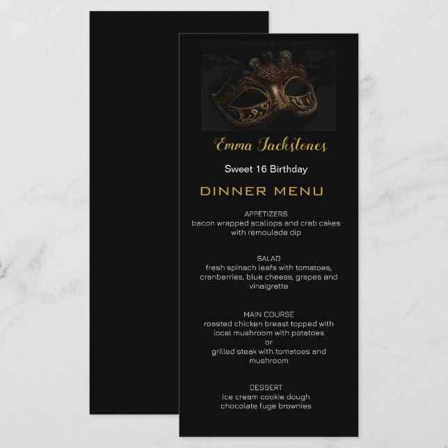 Elegant Black Gold Sweet 16 Masquerade Mask  Menu (Front/Back)