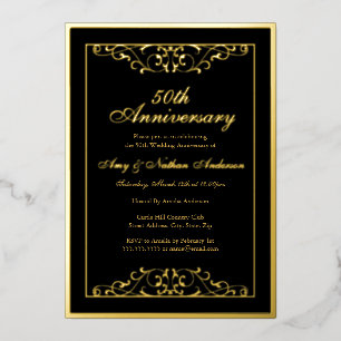 Elegant Black Gold Swirl 50th Wedding Anniversary Foil Invitation