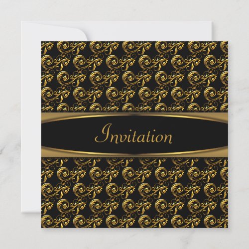 Elegant Black Swirl Gold Party Invitation
