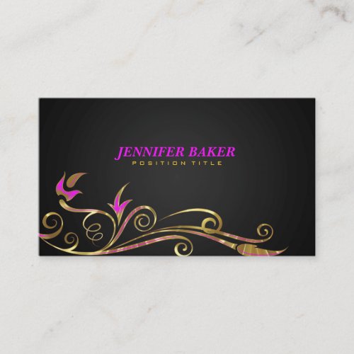 Elegant Black  Gold Swirl Pink Accents Business Card