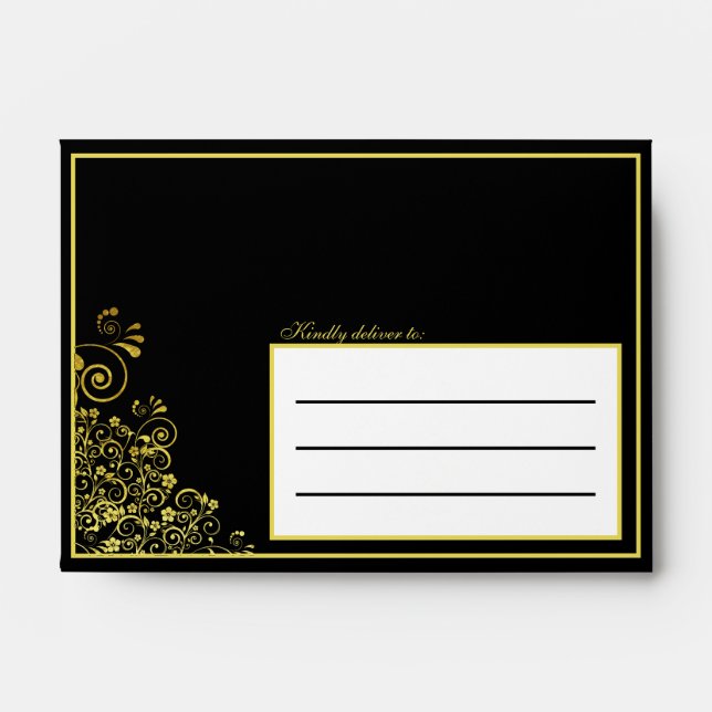 Elegant Black Gold Swirl Return Address Wedding Envelope (Front)