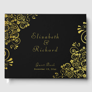 Elegant Black Gold Swirls Script Wedding Guest Book