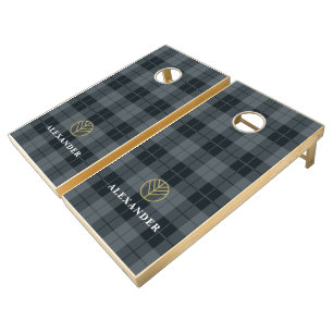 Elegant Black Gold Tartan Plaid Monogram Cornhole Set