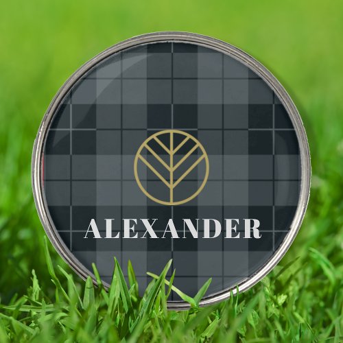 Elegant Black Gold Tartan Plaid Monogram Golf Ball Marker