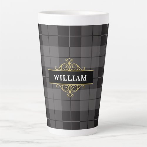 Elegant Black Gold Tartan Plaid Monogram Latte Mug