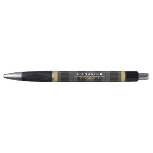 Elegant Black Gold Tartan Plaid Monogram Pen