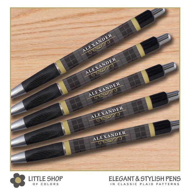 Elegant Black Gold Tartan Plaid Monogram Pen (Creator Uploaded)