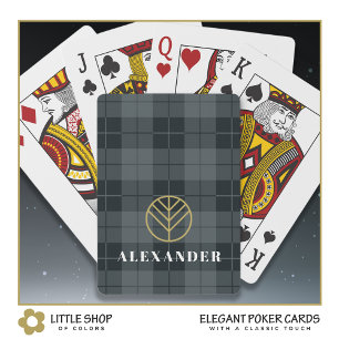 Elegant Black Gold Tartan Plaid Monogram Poker Cards