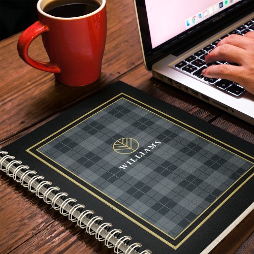 Elegant Black Gold Tartan Plaid Monogrammed Notebook
