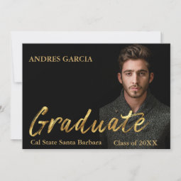 Elegant Black Gold Text Overlay Graduate Photo Announcement | Zazzle
