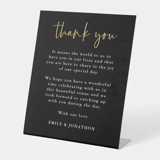 Elegant Black Gold Thank You Letter Wedding Guests Pedestal Sign Zazzle