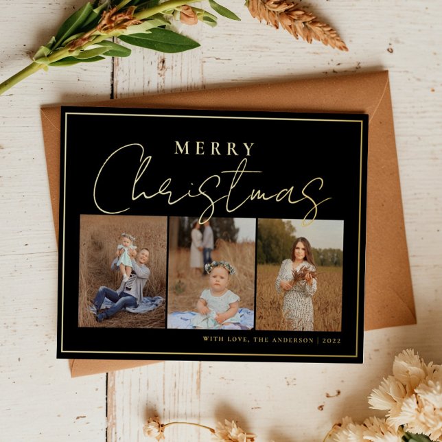 Elegant Black Gold Three Photo Collage With Frame Foil Holiday Postcard (Creator Uploaded)