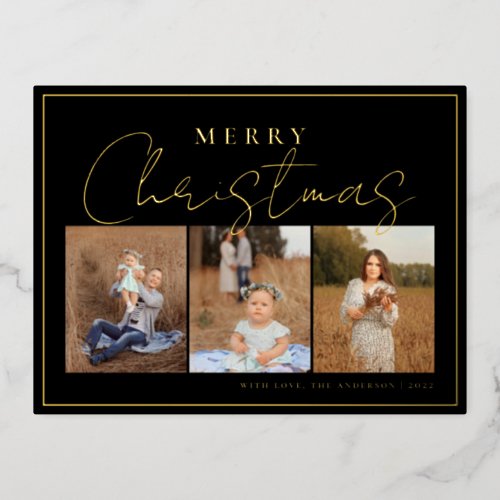 Elegant Black Gold Three Photo Collage With Frame Foil Holiday Postcard