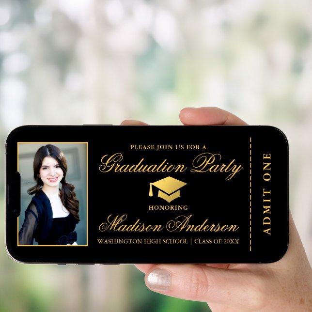 Elegant Black Gold Ticket Photo Graduation Party Invitation (Front Digital)
