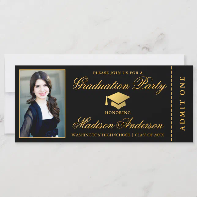 Elegant Black Gold Ticket Photo Graduation Party Invitation | Zazzle