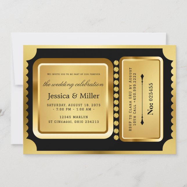 Elegant Black & Gold Ticket Wedding Invitation (Front)