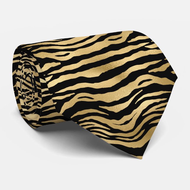 elegant black gold tiger print pattern tiled neck tie (Rolled)