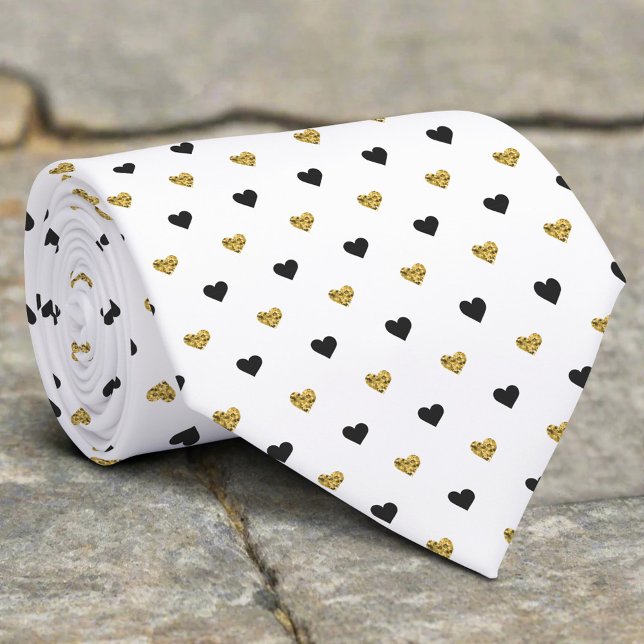 Elegant Black Gold Tiny Heart Valentine Pattern Neck Tie (Creator Uploaded)