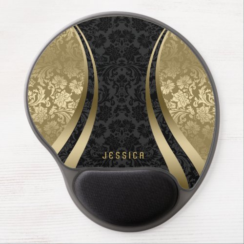 Elegant Black  Gold Tones Floral Damasks Gel Mouse Pad