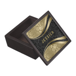 Elegant Black &amp; Gold Tones Floral Damasks Pattern Jewelry Box