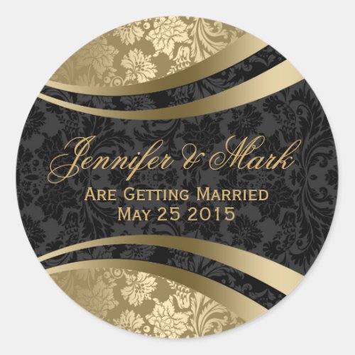 Elegant Black  Gold Tones Vintage Floral Damasks Classic Round Sticker