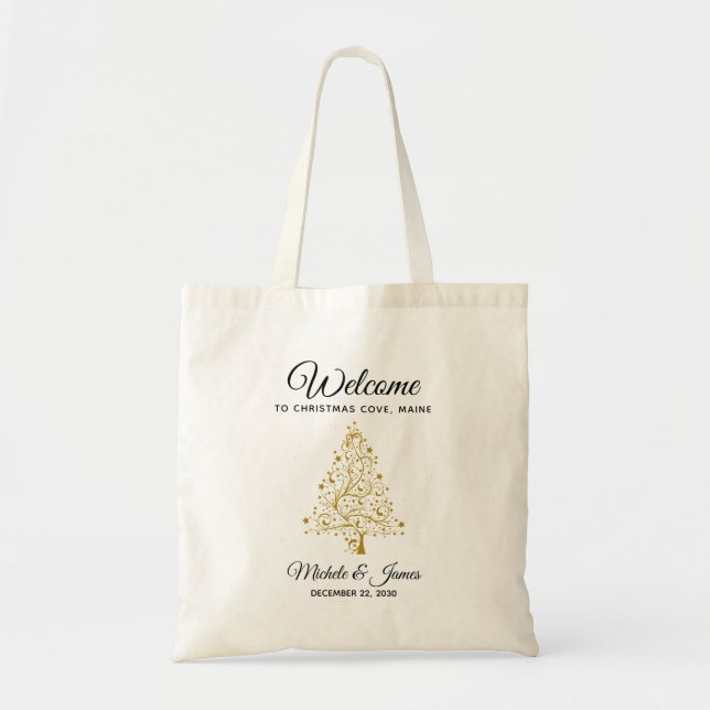 Elegant Black Gold Tree Custom Wedding Welcome Tote Bag (Front)