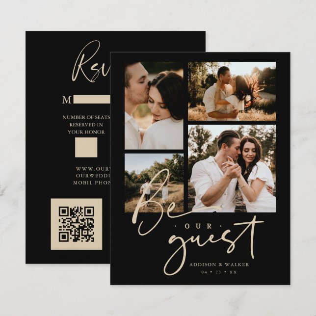 Elegant Black Gold Trendy Collage Wedding 4-Photo RSVP Card (Front/Back)