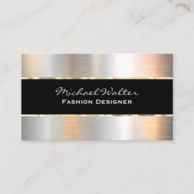 Elegant Black Gold Trim Silver Metallic Business Card (Front)