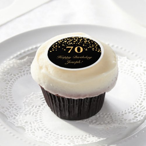 Elegant Black  Gold Typography 70th Birthday  Edible Frosting Rounds