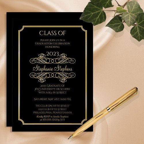 Elegant Black  Gold University Graduation Party Foil Invitation