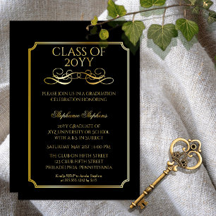 Elegant Black   Gold University Graduation Party Foil Invitation