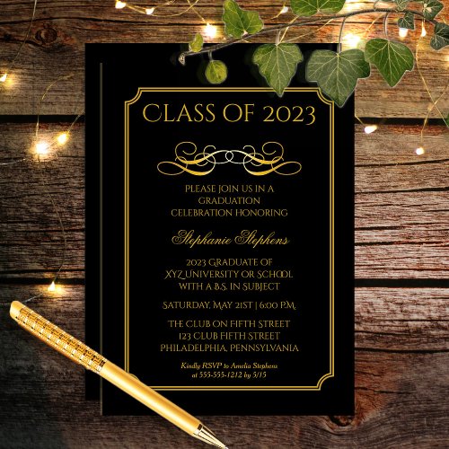 Elegant Black  Gold University Graduation Party Invitation