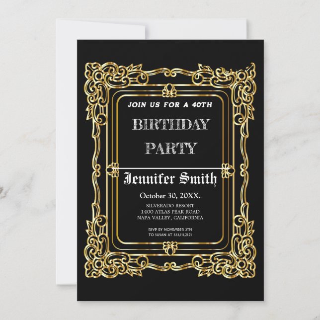 Elegant black gold vintage 40th birthday invitatio invitation (Front)