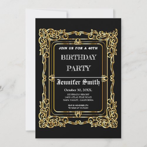 Elegant black gold vintage 40th birthday invitatio invitation