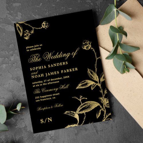 Elegant black gold vintage antique wedding invitation