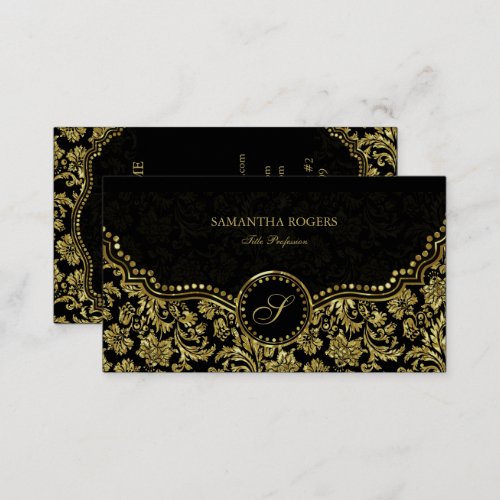 Elegant Black  Gold Vintage Floral Damasks Business Card