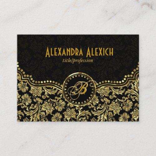 Elegant Black  Gold  Vintage Floral Damasks Business Card
