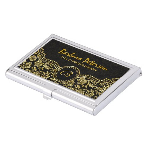 Elegant Black  Gold  Vintage Floral Damasks Business Card Case
